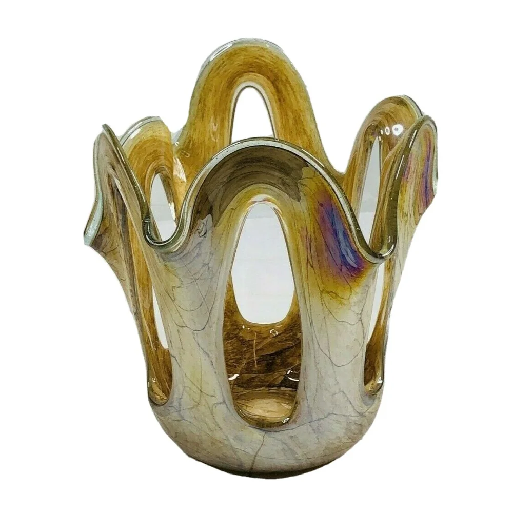 Vtg Makora Krosno Hand Blown Open Scalloped Edges Iridescent Glass Vase Poland